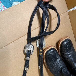 Kathy's Show Equipment Black Basketweave double ear headstall.  STERLING OVERLAY